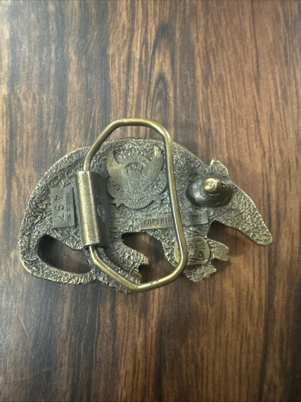 Vintage Brass Armadillo belt buckle USA 1981 3”